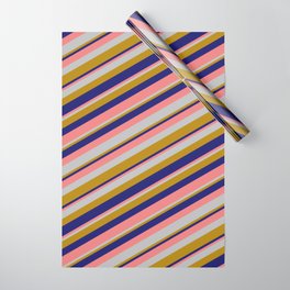 [ Thumbnail: Light Coral, Grey, Dark Goldenrod & Midnight Blue Colored Lines Pattern Wrapping Paper ]