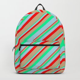 [ Thumbnail: Red, Tan, Green, and Light Blue Colored Lines Pattern Backpack ]