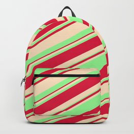[ Thumbnail: Bisque, Green, and Crimson Colored Striped/Lined Pattern Backpack ]