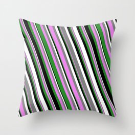 [ Thumbnail: Colorful Gray, Violet, Forest Green, Black & White Colored Striped Pattern Throw Pillow ]