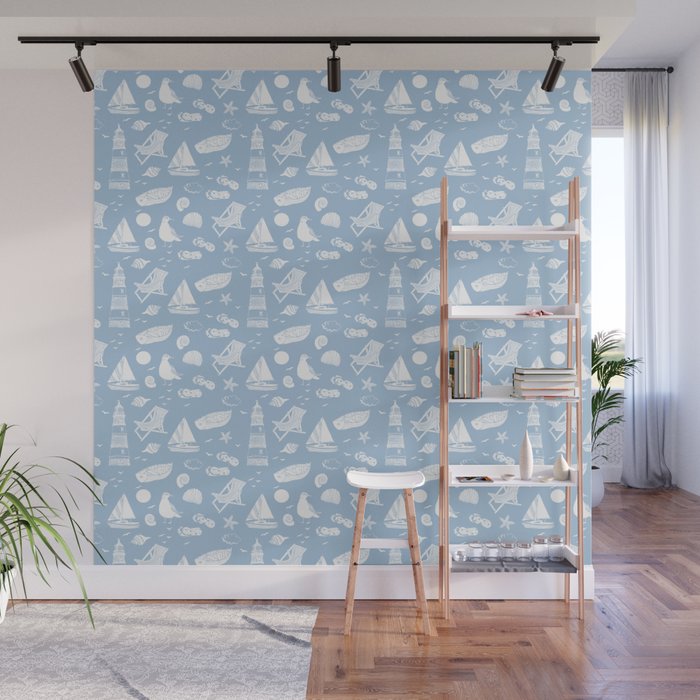 Pale Blue And White Summer Beach Elements Pattern Wall Mural