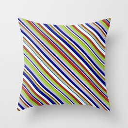 [ Thumbnail: Blue, Light Cyan, Brown, Green, and Grey Colored Striped Pattern Throw Pillow ]