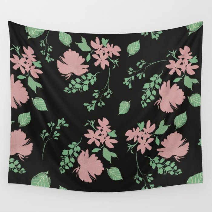 Floral Pattern with Black background Wall Tapestry