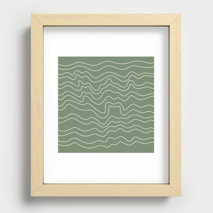 Olive green and Beige minimalistic liquid lines abstract pattern Recessed Framed Print