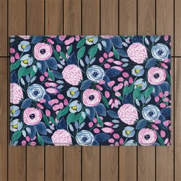 Pink Navy Blue Floral Bouquet Watercolor Pattern Outdoor Rug