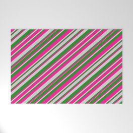 [ Thumbnail: Deep Pink, Light Grey, and Forest Green Colored Lines Pattern Welcome Mat ]
