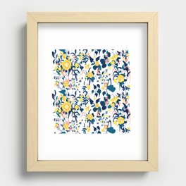 Buttercup yellow, salmon pink, and navy blue flowers on white background pattern Recessed Framed Print