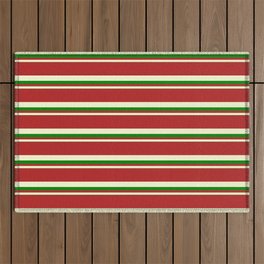 [ Thumbnail: Red, Light Yellow, and Green Colored Striped/Lined Pattern Outdoor Rug ]