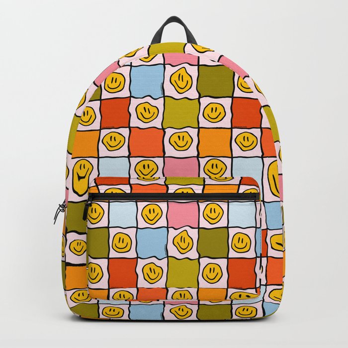 Rainbow Happy Face Checkered Print Backpack
