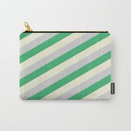 [ Thumbnail: Beige, Light Grey & Sea Green Colored Lined Pattern Carry-All Pouch ]
