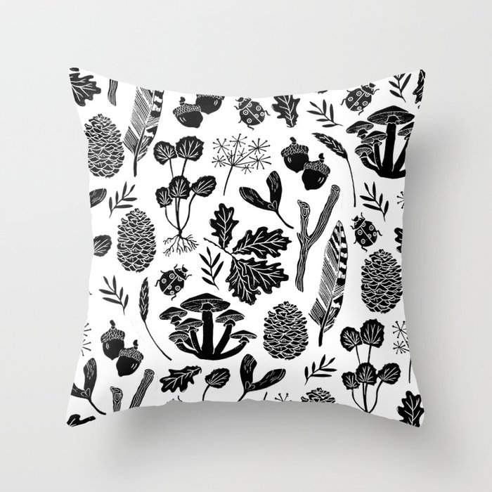 Linocut Minimal Botanical Boho Feathers Nature Inspired Scandi Black Linocut Minimal Botanical Boho Feathers Nature Inspired Scandi Black And White Art Throw Pillow
