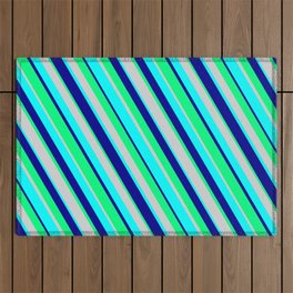 [ Thumbnail: Light Gray, Cyan, Dark Blue & Green Colored Lines Pattern Outdoor Rug ]