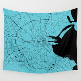 Dublin Ireland Turquoise on Black Street Map Wall Tapestry