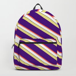 [ Thumbnail: Eyecatching Tan, Indigo, Red, White, and Black Colored Lines/Stripes Pattern Backpack ]