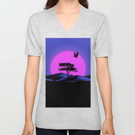 Sunset Behind A Tree On The Hills Of The Desert 2 V Neck T Shirt