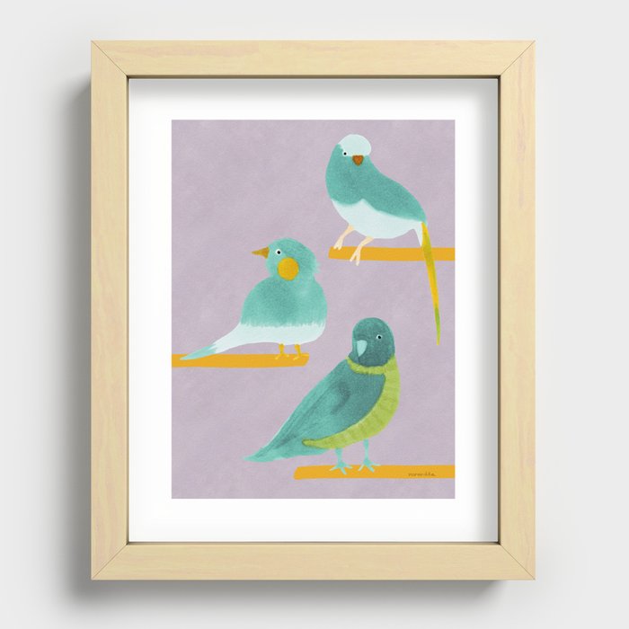 Three Friendly Birds - Emerald and Light Purple Recessed Framed Print