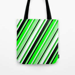 [ Thumbnail: Lime, Light Green, Mint Cream & Black Colored Pattern of Stripes Tote Bag ]