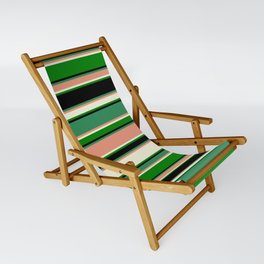 [ Thumbnail: Eye-catching Sea Green, Dark Salmon, Beige, Green, and Black Colored Lined Pattern Sling Chair ]
