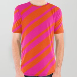 [ Thumbnail: Red and Deep Pink Colored Lined Pattern All Over Graphic Tee ]