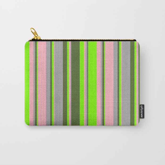 Light Pink, Dark Grey, Dark Olive Green, and Chartreuse Colored Lines/Stripes Pattern Carry-All Pouch