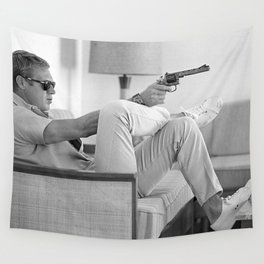 Steve McQueen, Gun, Sunglasses, Retro, Black and White, Photograph Wall Tapestry