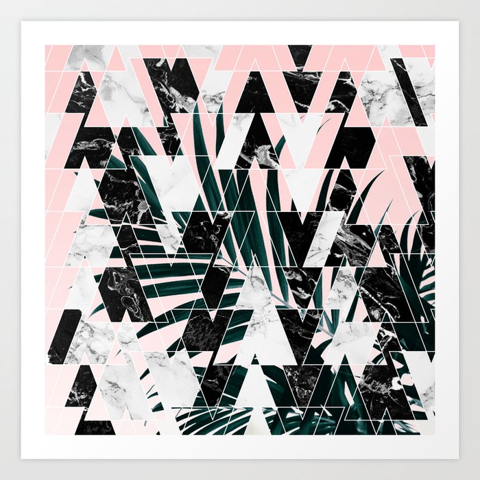Modern Geometric Triangles Black White Abstract Marble Pattern