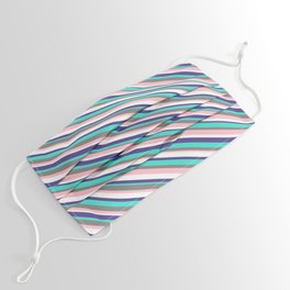[ Thumbnail: Vibrant Gray, Pink, White, Dark Slate Blue & Turquoise Colored Striped Pattern Face Mask ]