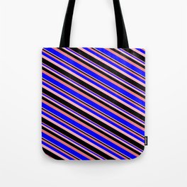 [ Thumbnail: Light Coral, Blue, Light Pink, and Black Colored Lines Pattern Tote Bag ]