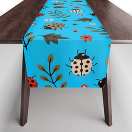 Ladybug and Floral Seamless Pattern on Turquoise Background Table Runner