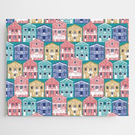Colourful Portuguese houses // peacock teal background rob roy yellow mandy red electric blue and peacock teal Costa Nova inspired houses Jigsaw Puzzle