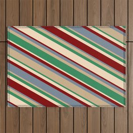 [ Thumbnail: Vibrant Light Slate Gray, Tan, Sea Green, Bisque, and Maroon Colored Lines Pattern Outdoor Rug ]