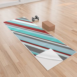 [ Thumbnail: Eyecatching Dim Grey, Light Blue, Turquoise, Dark Red, and Light Cyan Colored Lines Pattern Yoga Towel ]