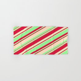 [ Thumbnail: Bisque, Green, and Crimson Colored Striped/Lined Pattern Hand & Bath Towel ]