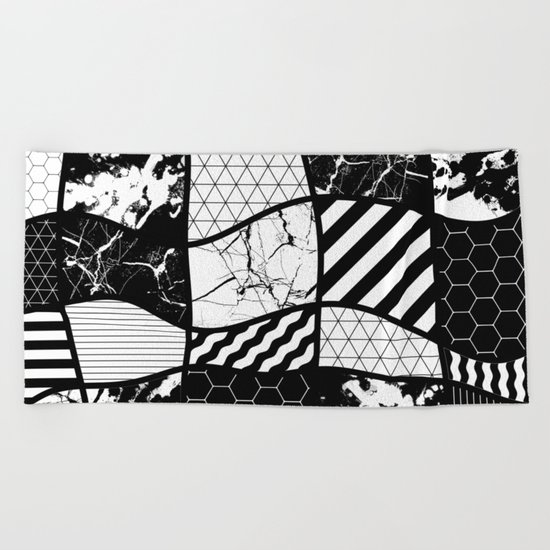 Crazy Patchwork (Abstract, black and white, geometric designs) Beach Towel