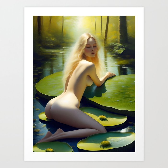 Will-o-wisp series; princess of the fairies fair-haired blonde still life seated mythological Nordic enchanted forest water nymph on lily pads female nude portrait painting Art Print
