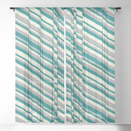 [ Thumbnail: Beige, Dark Gray, and Teal Colored Pattern of Stripes Sheer Curtain ]