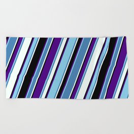 [ Thumbnail: Colorful Indigo, Sky Blue, Blue, Mint Cream, and Black Colored Lines Pattern Beach Towel ]