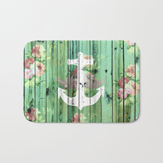 Vintage Floral Nautical Anchor Green Beach Wood Bath Mat