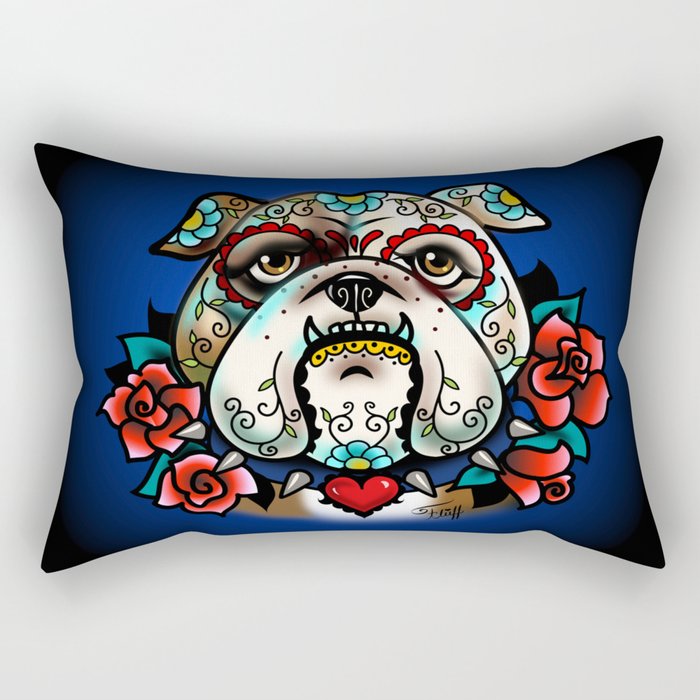Sugar Skull Bulldog with Roses Rectangular Pillow