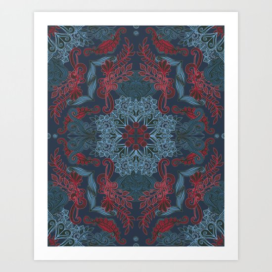 Vintage Fancy - a Pattern in Deep Teal & Red Art Print