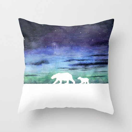 Aurora borealis and polar bears (white version) Throw Pillow by Savousepate Society6