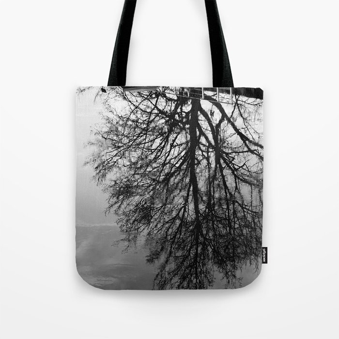 Winter tree reflection in lake still water  Tote Bag