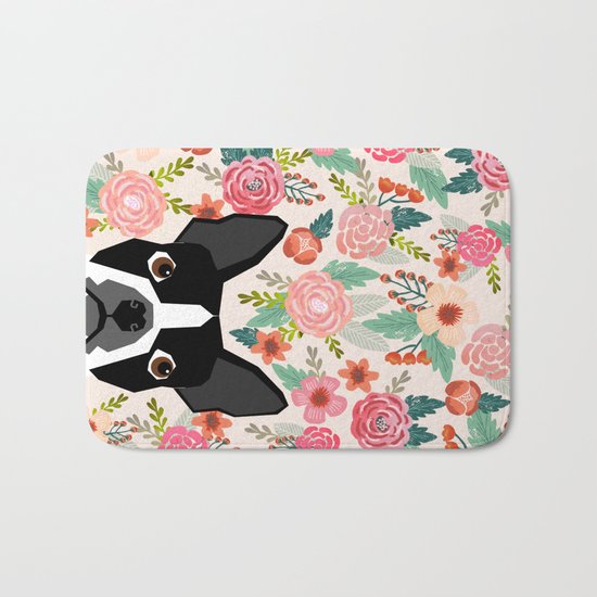 Boston Terrier florals flowers boho cute black and white boston terrier puppy dog pet portraits Bath Mat