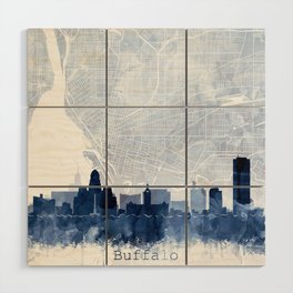 Buffalo Skyline & Map Watercolor Navy Blue, Print by Zouzounio Art Wood Wall Art