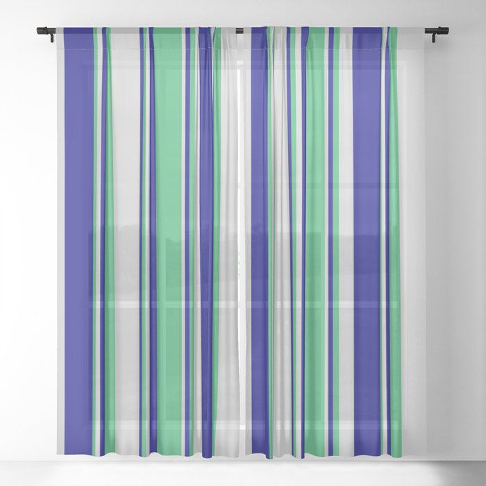 Blue, Sea Green, and Light Grey Colored Lines/Stripes Pattern Sheer Curtain