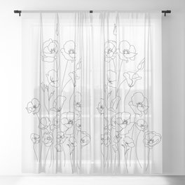 Poppy Flowers Line Art Sheer Curtain