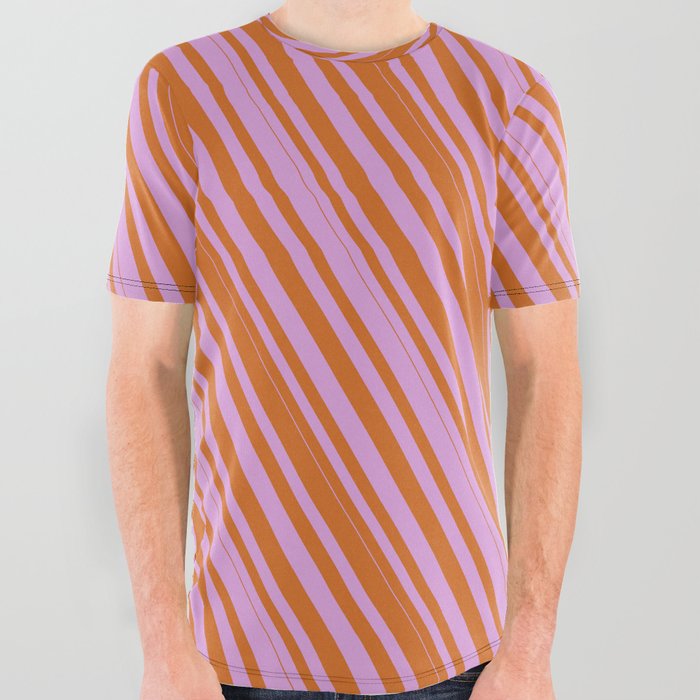 Chocolate and Plum Colored Lined/Striped Pattern All Over Graphic Tee