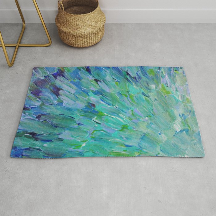 SEA SCALES - Beautiful Ocean Theme Peacock Feathers Mermaid Fins Waves Blue Teal Color Abstract Rug