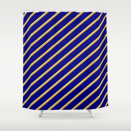 [ Thumbnail: Goldenrod, Blue & Tan Colored Striped/Lined Pattern Shower Curtain ]