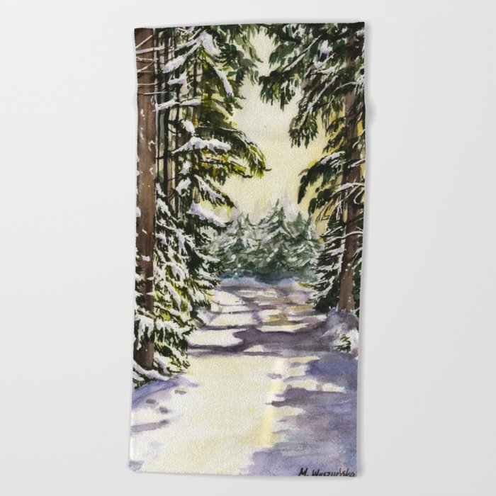 Wintery Landscape in Woods, Watercolour Painting Beach Towel